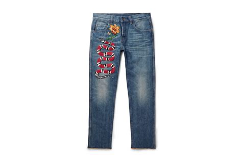 gucci embroidery snakes jeans|gucci snake and flower jeans.